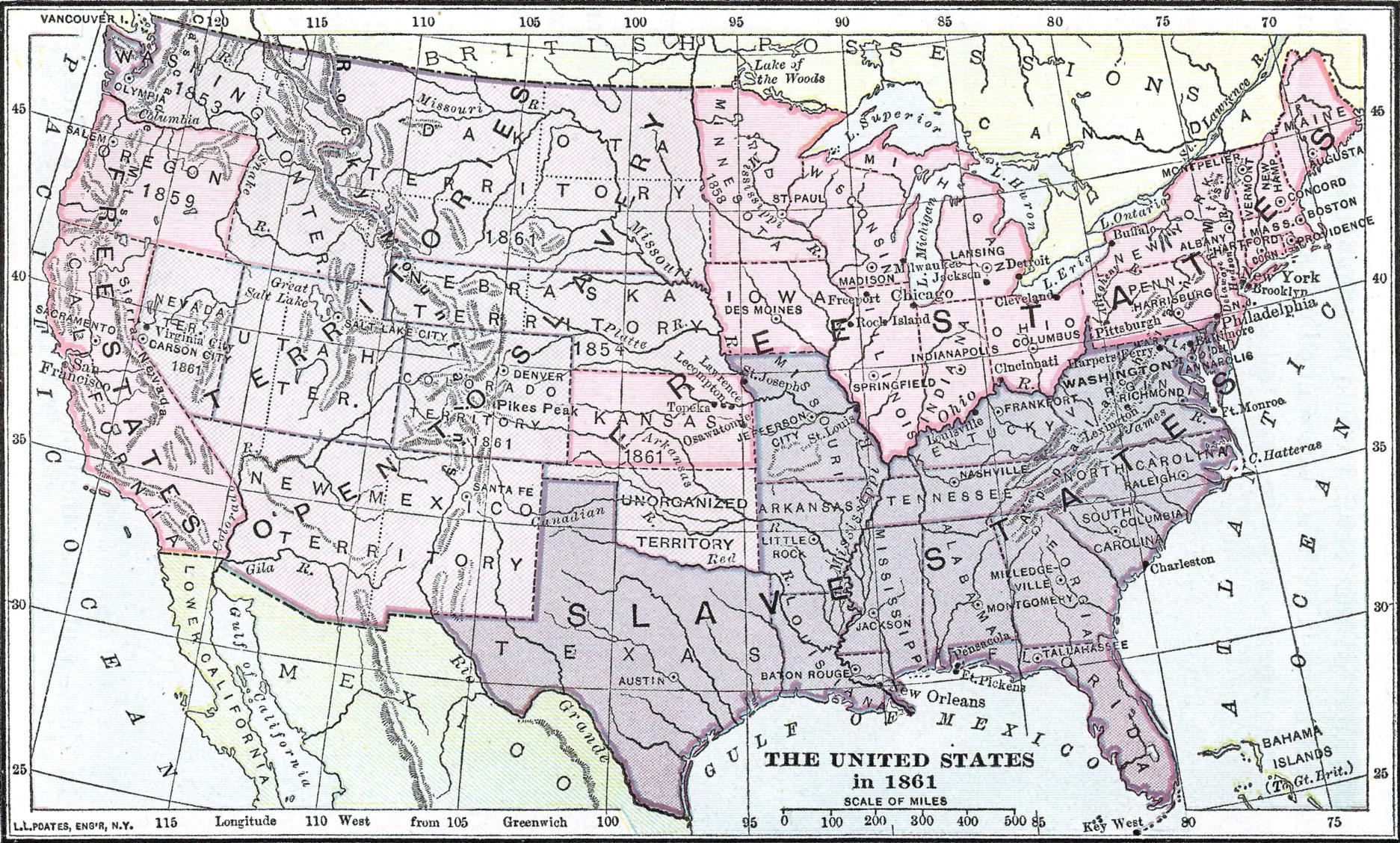 Map Of The United States Of America During The Civil War